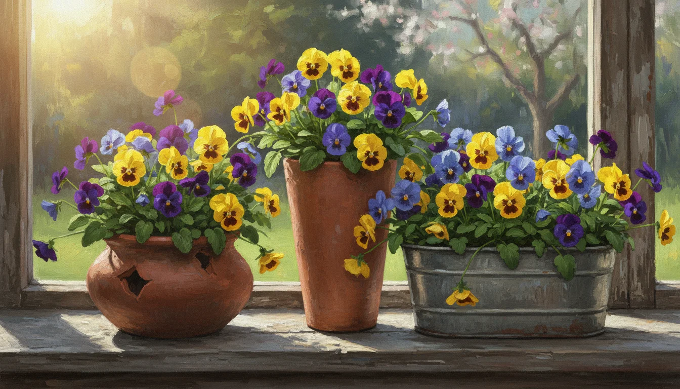 Vibrant edible pansies and violas in varied terracotta and metal pots, thriving on a weathered wooden windowsill in morning light.