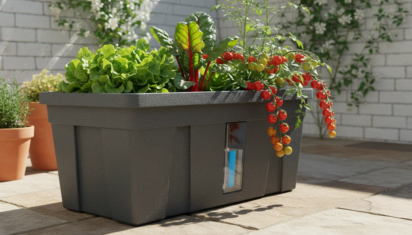 Vibrant edible plants thrive in a self-watering planter with a visible, full water-level indicator on a sunny patio.