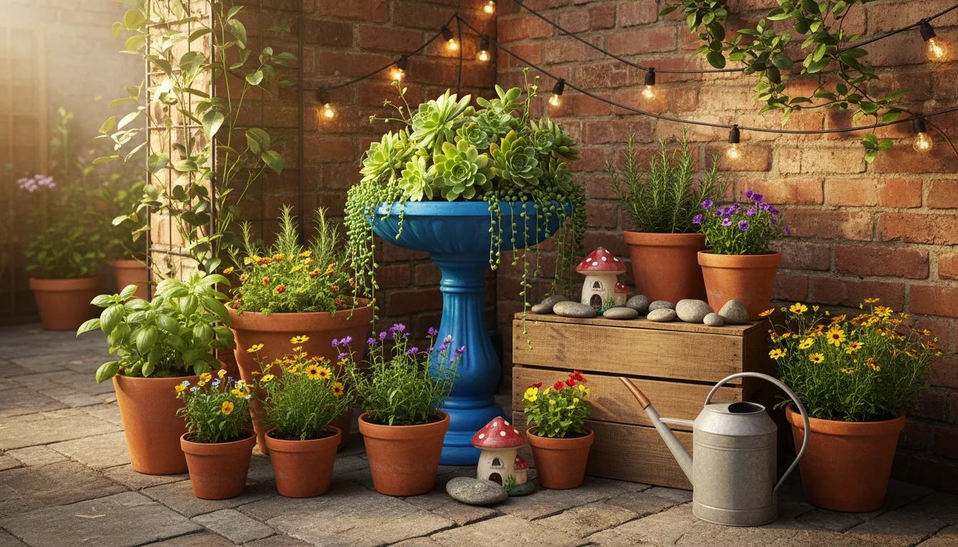A vibrant electric blue bird bath repurposed as a succulent planter, surrounded by potted herbs and artfully arranged river stones on a small urban pa
