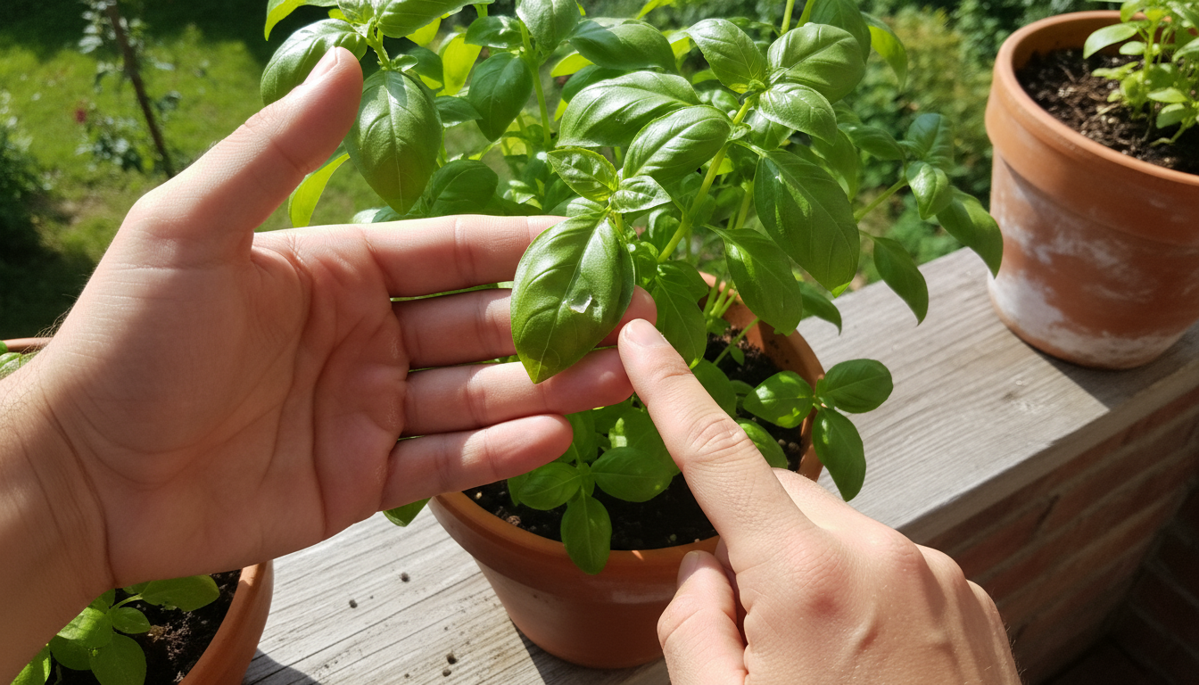 A young cucumber plant in a terracotta pot on a sunny balcony, gently supported by a wooden fan trellis and soft ties.