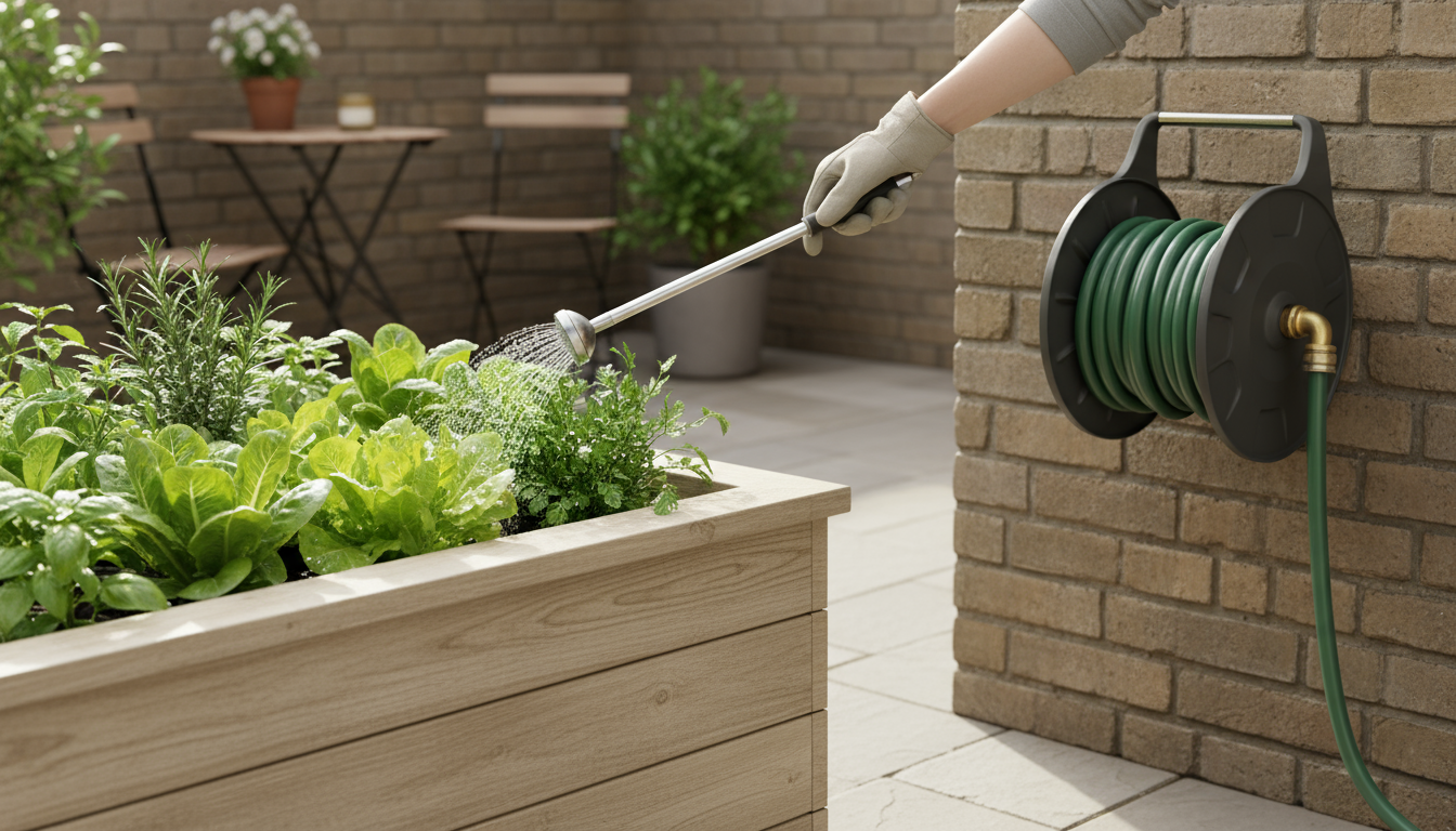 A woman gently touches a lettuce leaf in a compact raised bed on an urban patio, showcasing easy-to-grow vegetables.