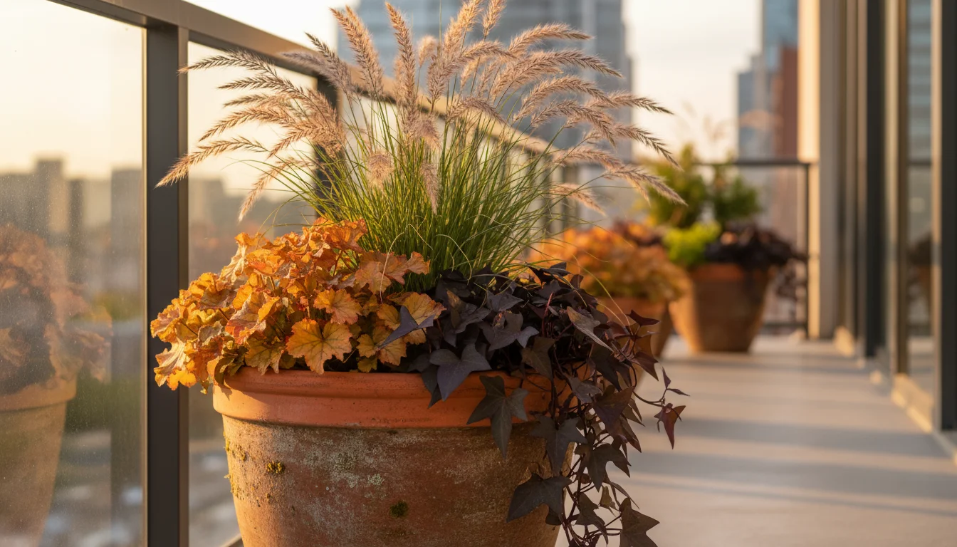 Vibrant fall container on an urban balcony with ornamental grass, coppery Heuchera, and a purple trailing vine in a terracotta pot.