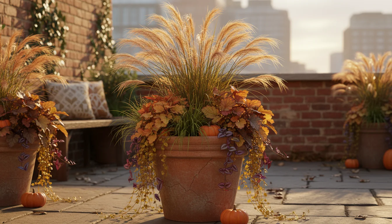 A vibrant fall container on an urban patio, featuring a tall fountain grass as the focal point surrounded by shorter grasses and trailing plants.