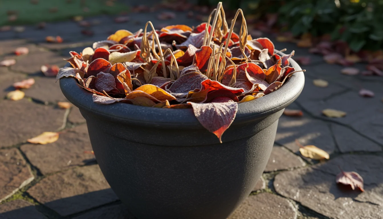 Close-up of vibrant fall leaves mulching the base of a dormant plant in a ceramic pot on a patio, with frost or dew glistening.