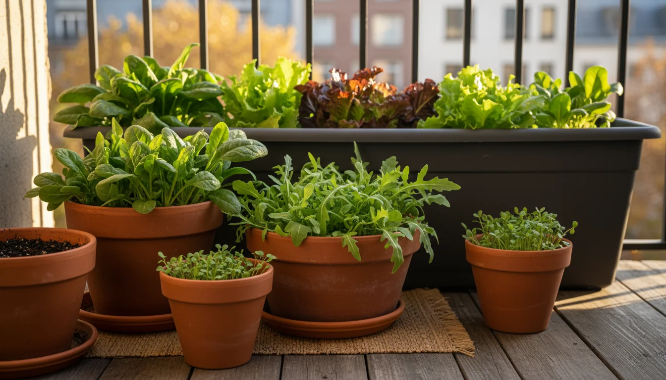 Vibrant fall salad greens like spinach, red-leaf lettuce, and arugula thrive in various containers on a small balcony, with new Mache sprouts and a cl