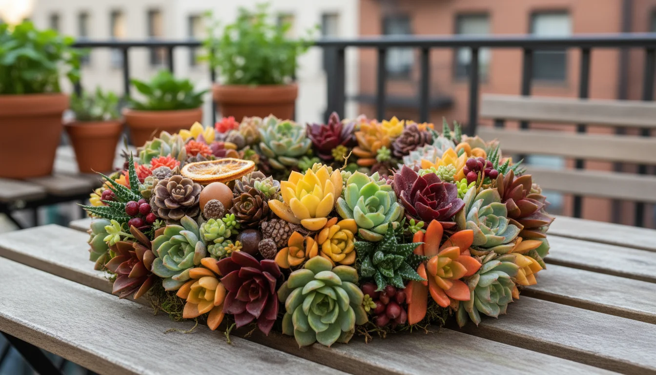 Vibrant fall succulent wreath, freshly assembled, lying flat on a weathered bistro table on an urban balcony in soft, indirect light.