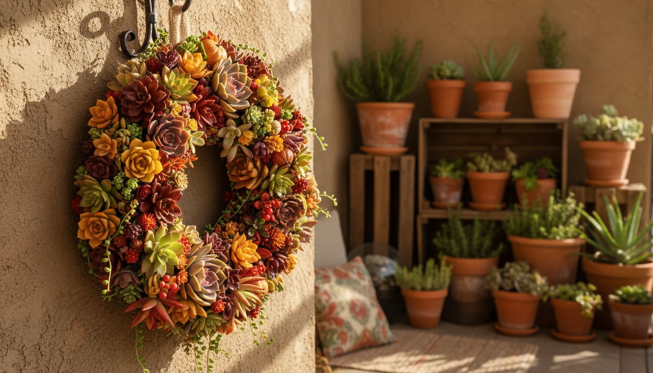 Vibrant fall succulent wreath hanging on a rustic wall of a small, sun-dappled apartment balcony, surrounded by potted plants.