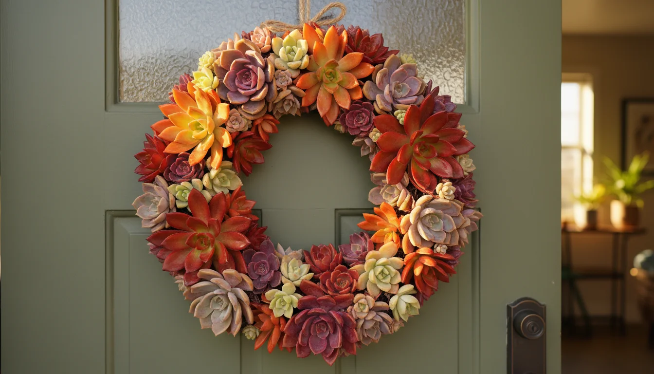 A vibrant fall succulent wreath hangs on a muted green apartment door, bathed in bright, indirect morning light.