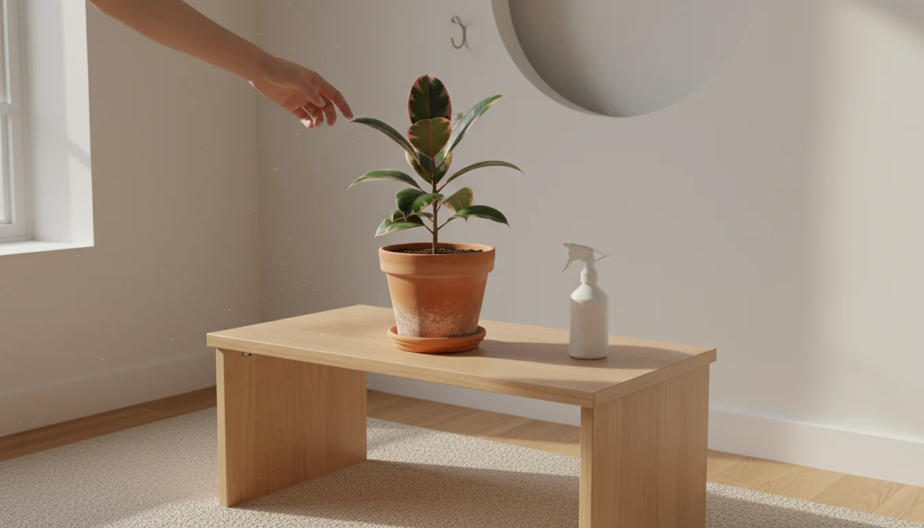 A vibrant Ficus elastica 'Ruby' houseplant in a terracotta pot sits isolated on a light wooden table. A person's hand withdraws; a spray bottle is nea
