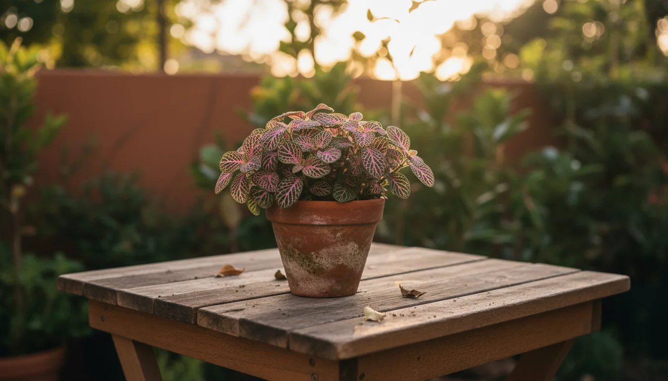 Close-up of a vibrant Fittonia 'Nerve Plant' with pink veins in a small terracotta pot on a wooden patio table, bathed in soft light.