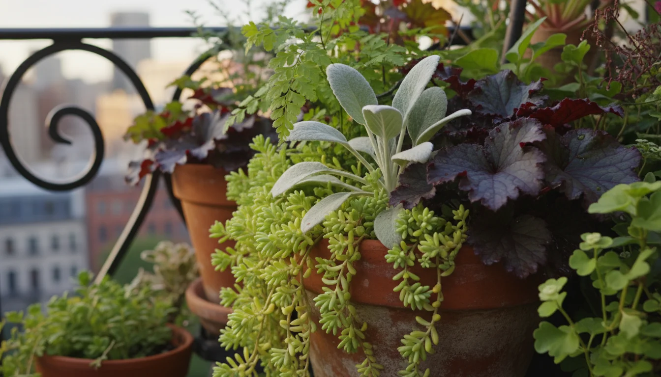Close-up of vibrant foliage contrast: chartreuse Sedum, silvery Lamb's Ear, dark Heuchera, and green fern in containers on a balcony shelf.