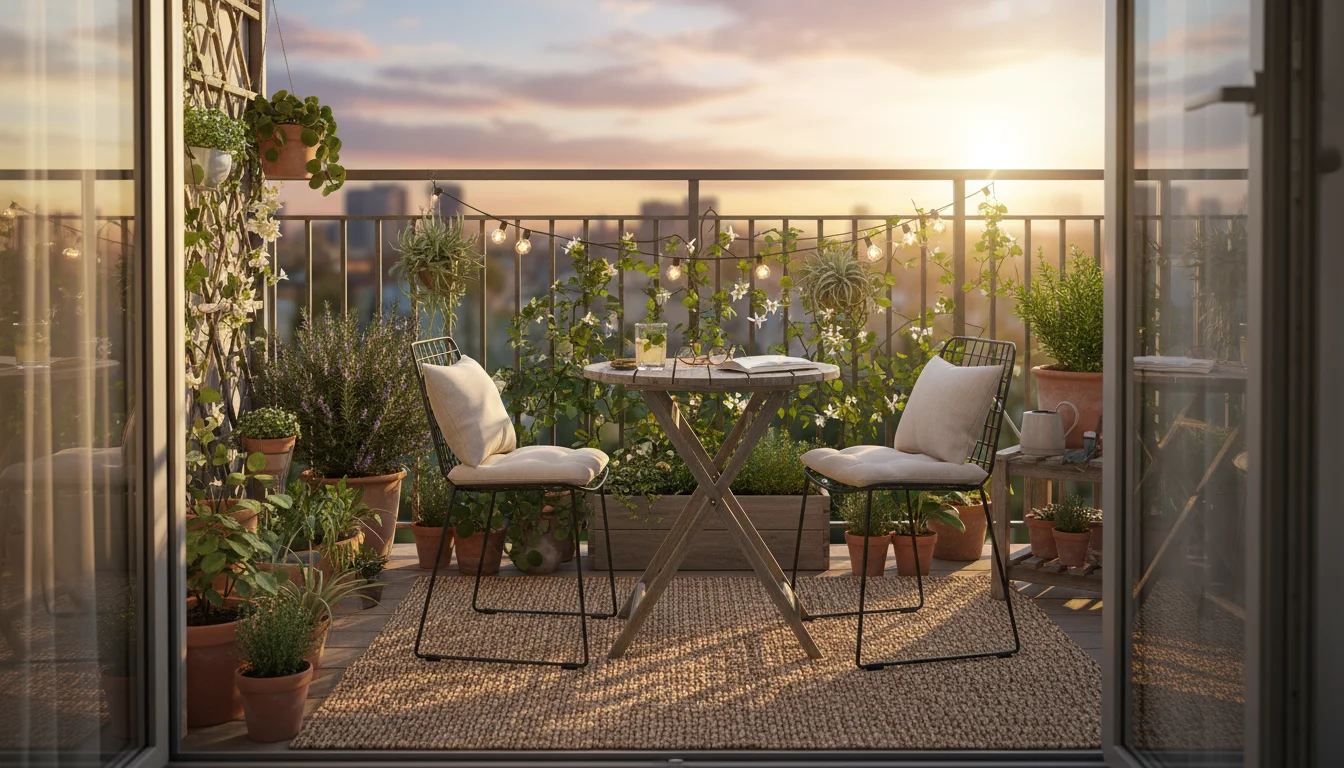 Vibrant golden-hour balcony garden designed as a cozy outdoor room, featuring diverse container plants, a bistro set, and vertical planter.