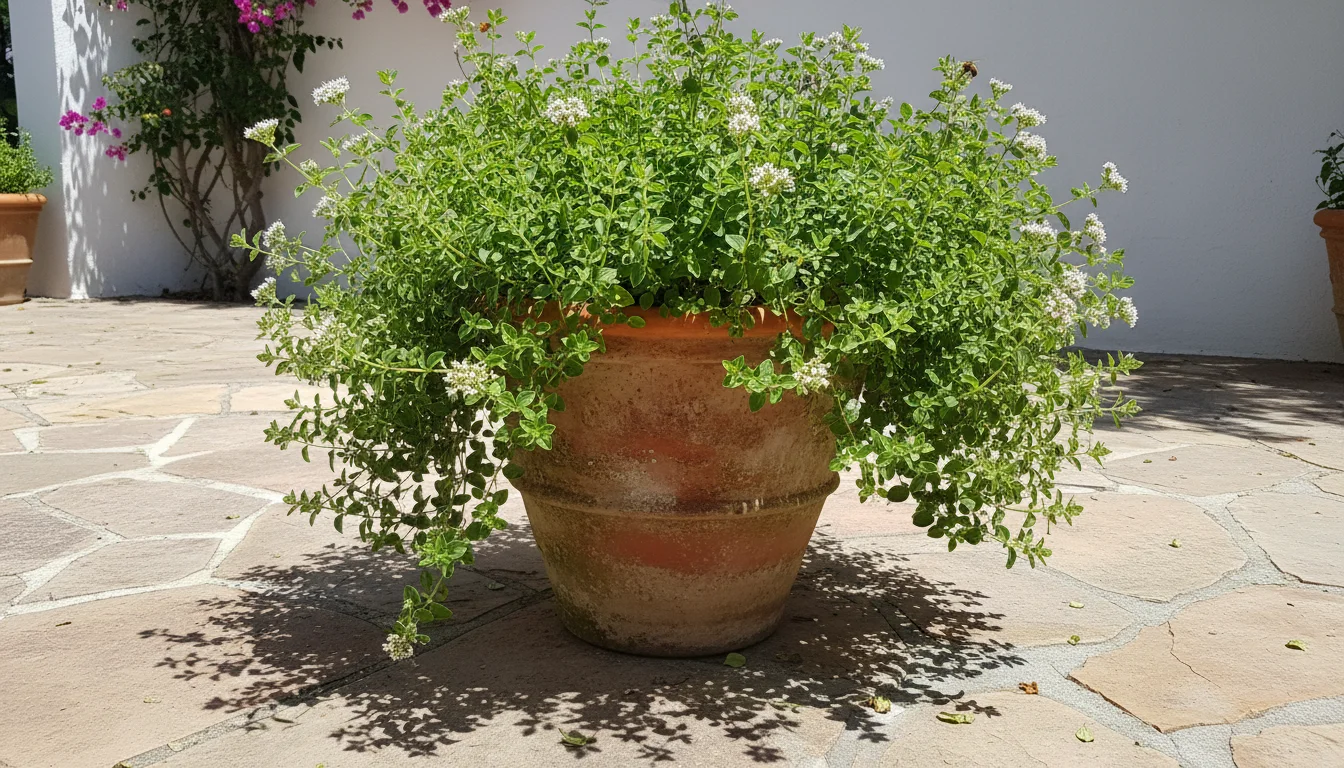 A vibrant Greek oregano plant thriving in a weathered terracotta pot on a sun-drenched stone patio, casting sharp shadows.