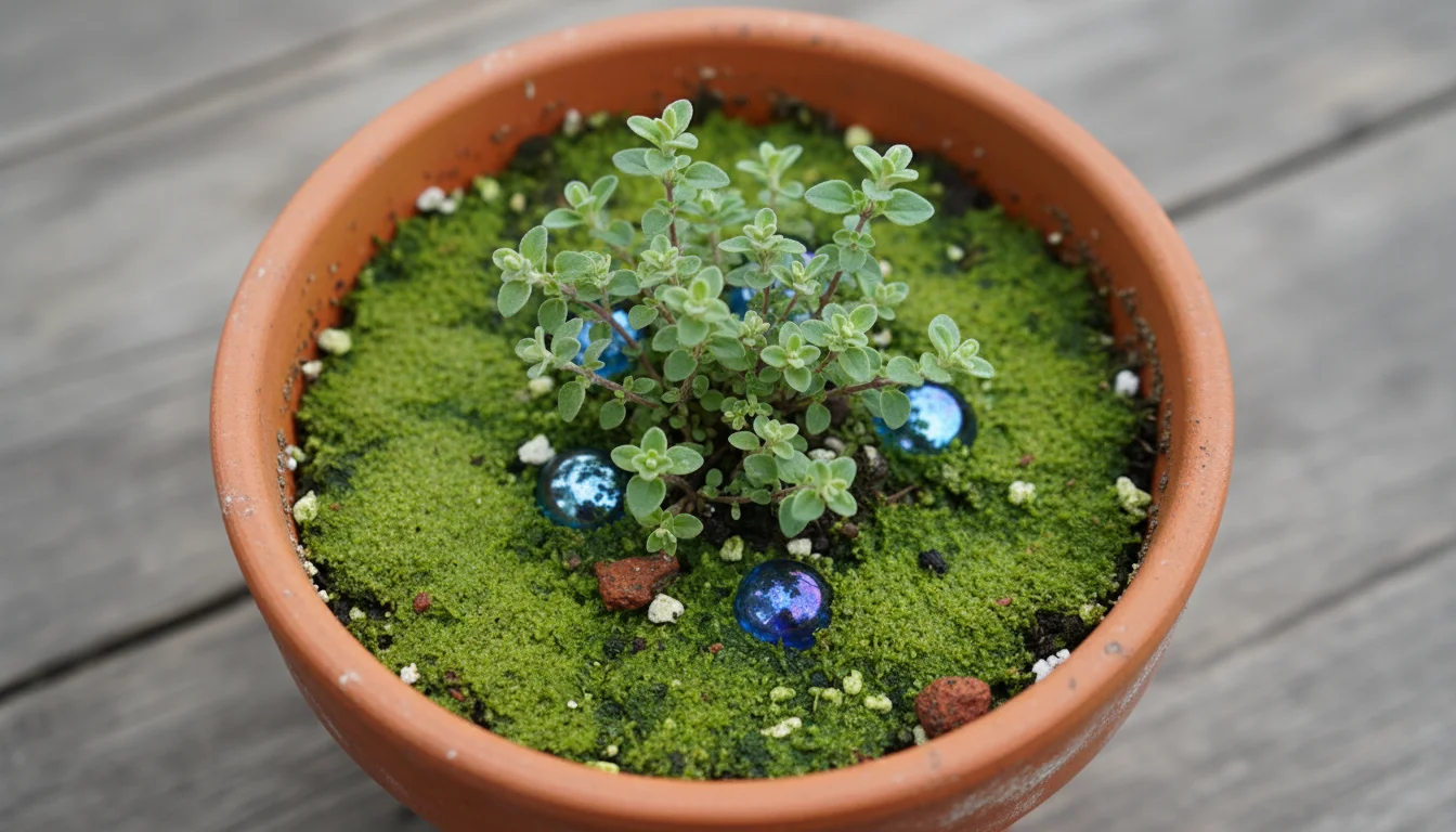 Close-up, overhead view of vibrant green algae covering the damp soil surface in a small terracotta pot with a compact herb and a few light gravel peb