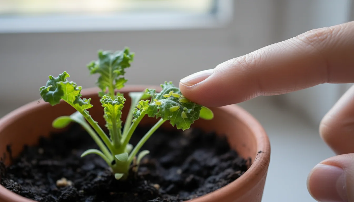 Close-up of vibrant green aphids clustered on curled new growth of a potted kale plant, a fingertip nearing for inspection.