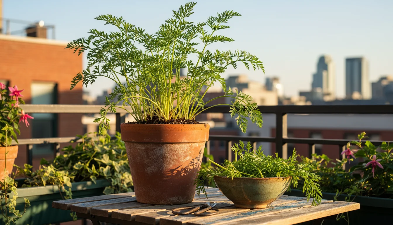 Vibrant green carrot tops growing in a terracotta pot on a sunny urban balcony, with a small bowl of freshly harvested greens nearby on a wooden table
