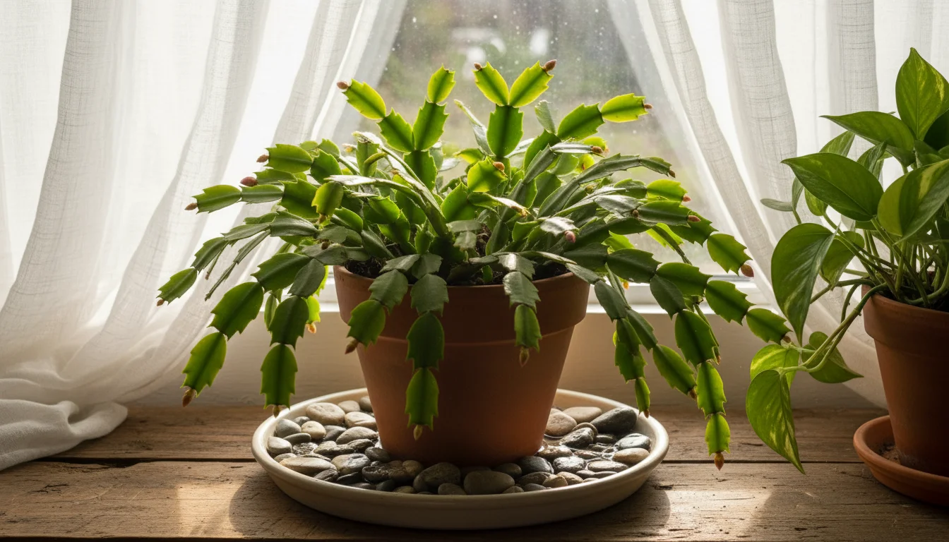 Vibrant green Christmas Cactus on a rustic wooden windowsill with a pebble tray, bathed in soft, indirect morning light.