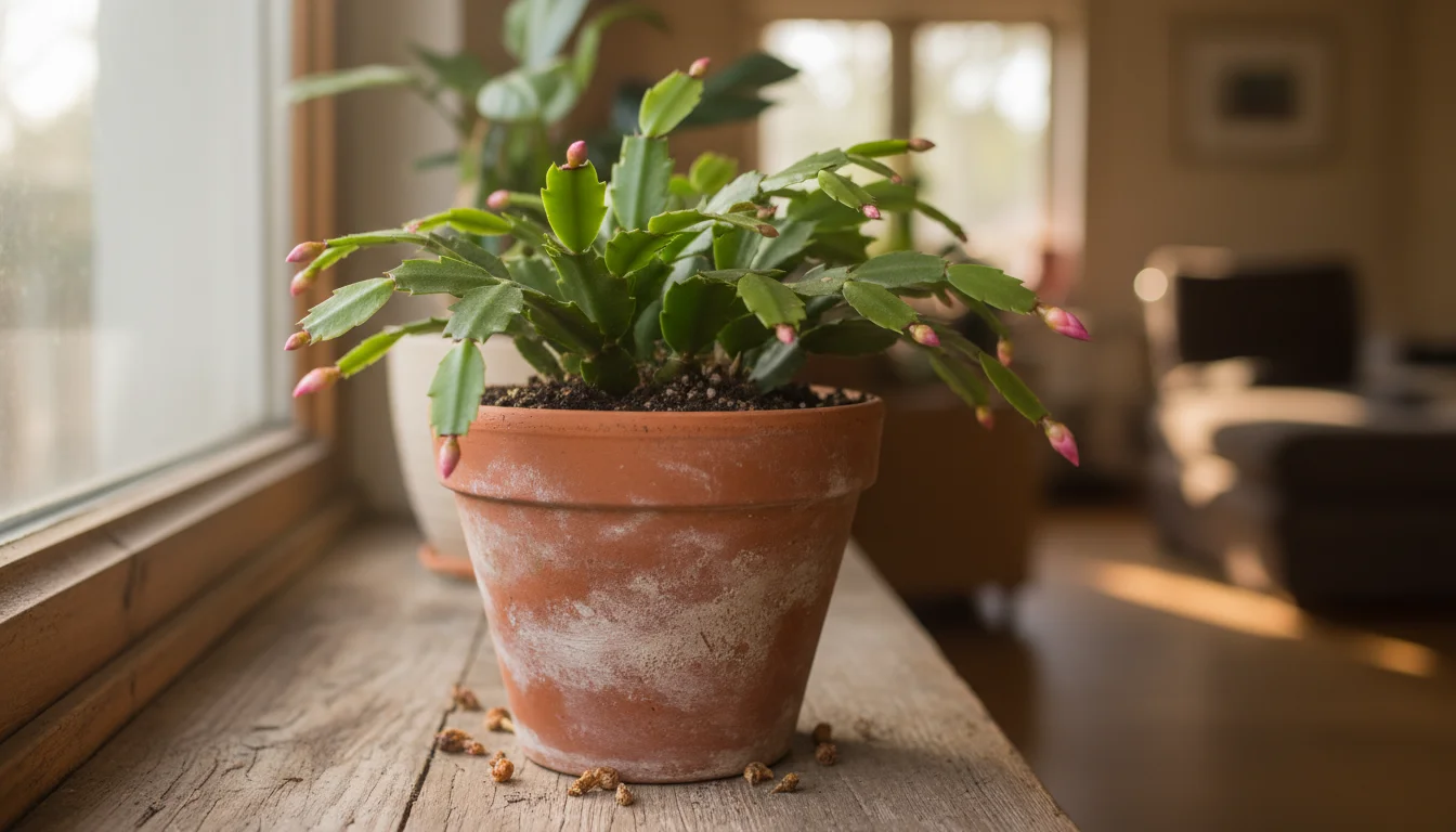 A vibrant green Christmas Cactus in a terracotta pot on a windowsill, with developing pink buds and several dropped, shriveled buds on the soil.