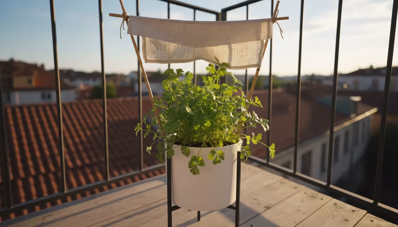 Vibrant green cilantro in a white ceramic pot on a metal plant stand on a sunny balcony, protected by a DIY bamboo shade screen casting a cool shadow.