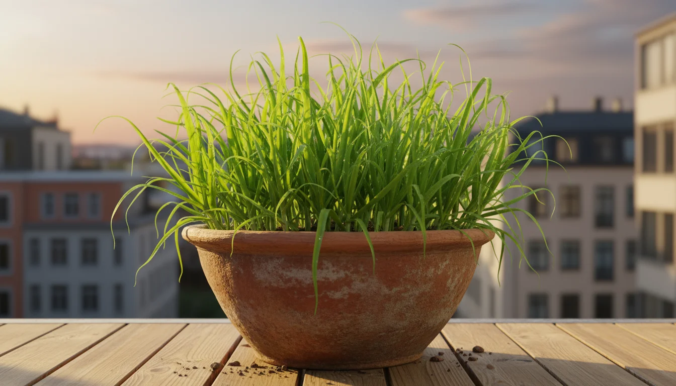 Vibrant green garlic plants thriving in a large terracotta pot on a sunlit urban balcony, showcasing successful small-space container gardening.