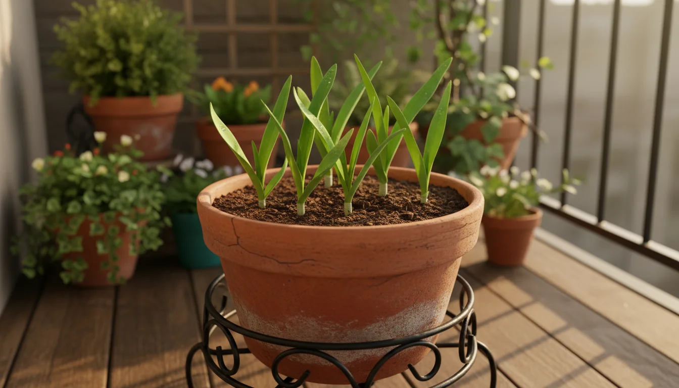 Vibrant green garlic shoots grow in a terracotta pot on a sunny balcony, signaling spring growth after winter dormancy.