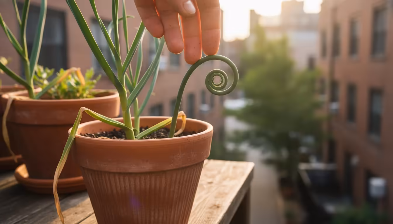 A close-up of a vibrant green hardneck garlic scape curling upwards from a plant in a terracotta pot on an urban balcony.