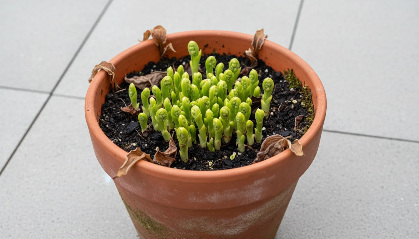 A vibrant green hosta perennial with new, tightly furled shoots emerging densely from a crowded terracotta pot on a patio in early spring.