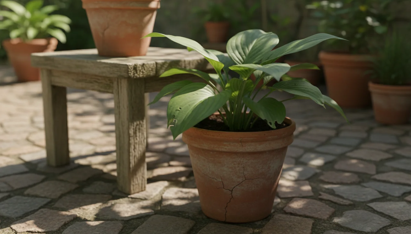 A vibrant green Hosta plant in a distressed terracotta pot on a sun-dappled cobblestone patio. A few leaves show subtle, irregular holes from slug dam