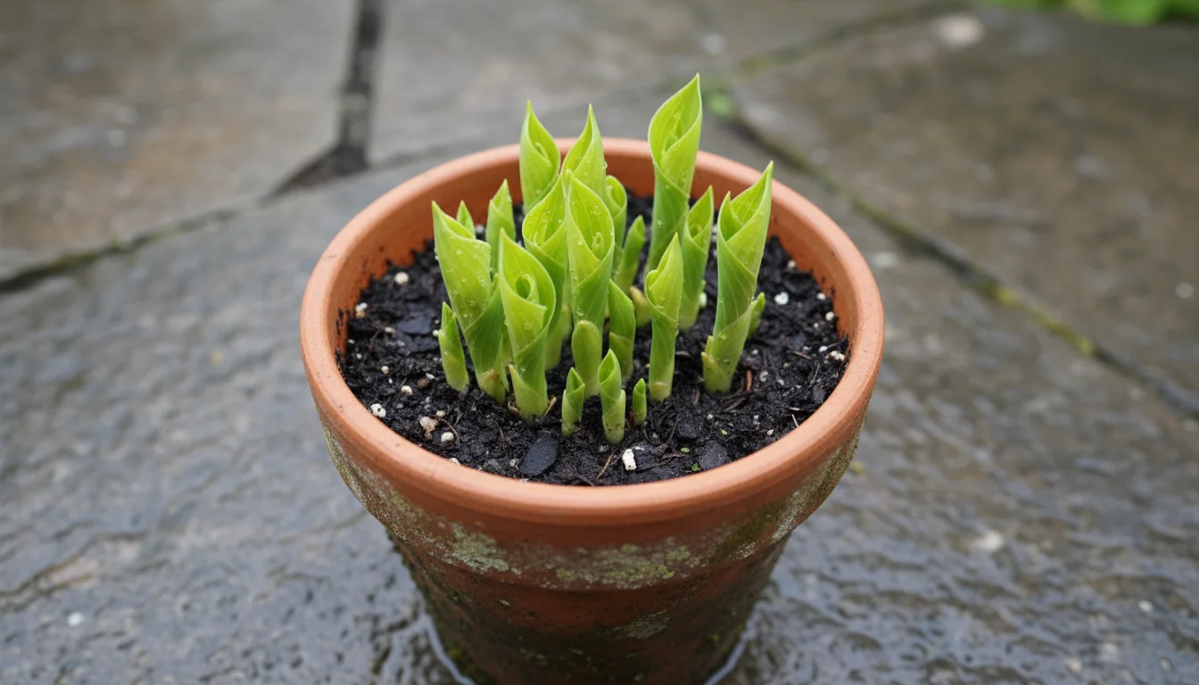 Close-up of vibrant green Hosta shoots unfurling from dark soil in a weathered terracotta pot on a damp patio.