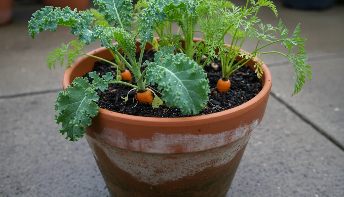 Vibrant green kale leaves and orange carrot tops in a terracotta pot, lightly frosted by morning dew on a patio.