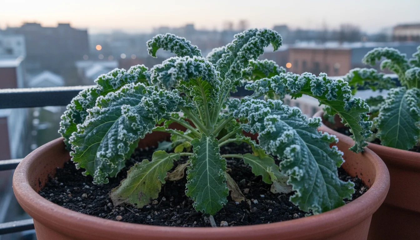 Vibrant green kale leaves in a terracotta pot are covered with delicate ice crystals in the morning light, while the potting mix remains unfrozen.