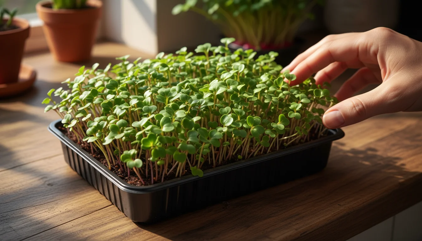 Vibrant green microgreens with cotyledon and true leaves growing densely in a black tray on a sunlit kitchen counter, a hand poised to harvest.