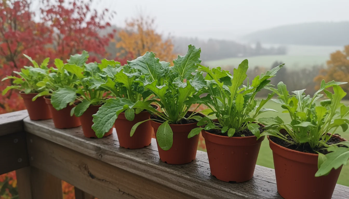 Vibrant green mustard and wasabi arugula seedlings in small, individual biodegradable pots on a weathered wooden balcony railing. A hand gently touche
