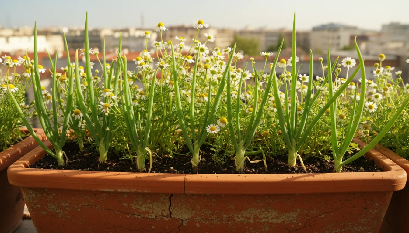An elevated close-up of vibrant green onions and delicate white chamomile thriving together in a terracotta trough on a sunny urban balcony, with a ha