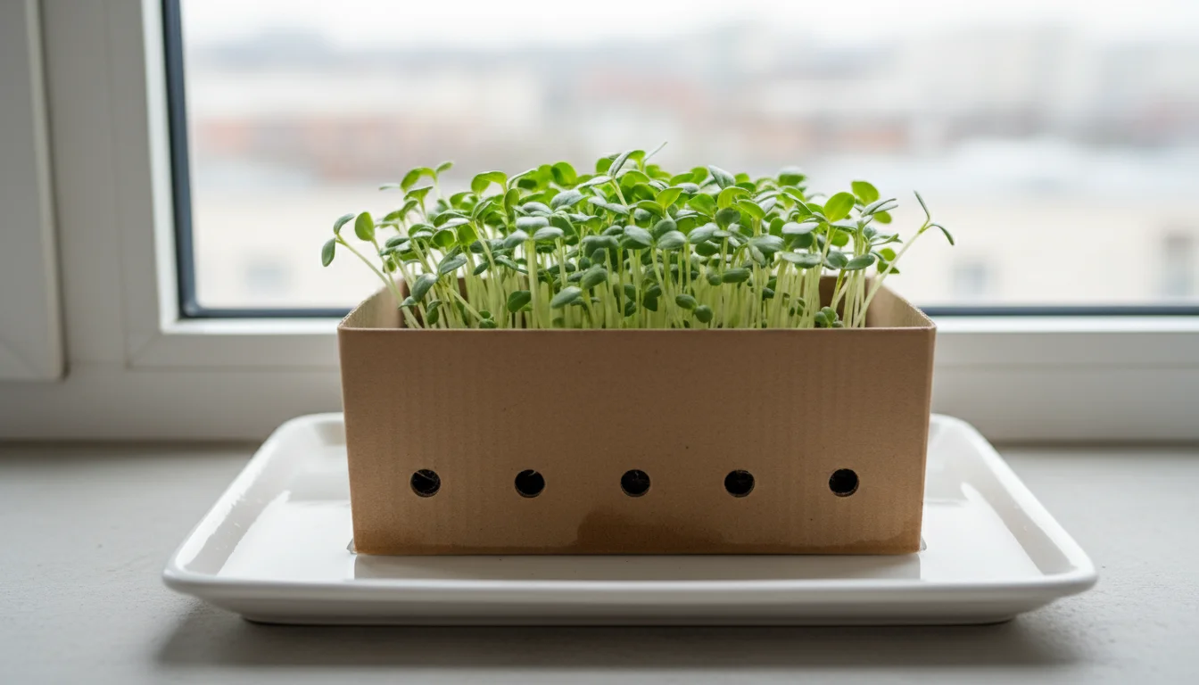 Close-up of vibrant green seedlings growing in a cardboard shoebox, bottom-watering in a shallow white ceramic tray on an apartment windowsill.