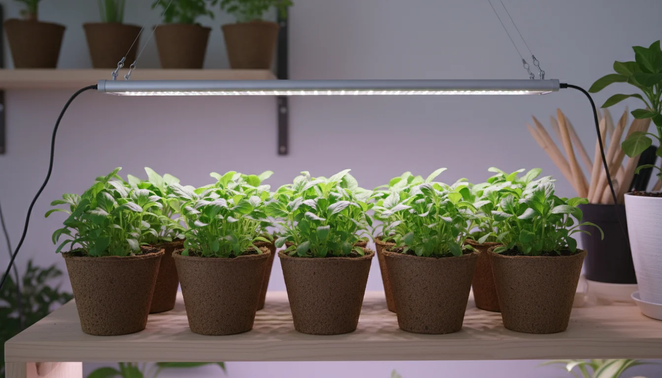 Vibrant green seedlings in small pots under a suspended full-spectrum LED grow light on an indoor shelf.