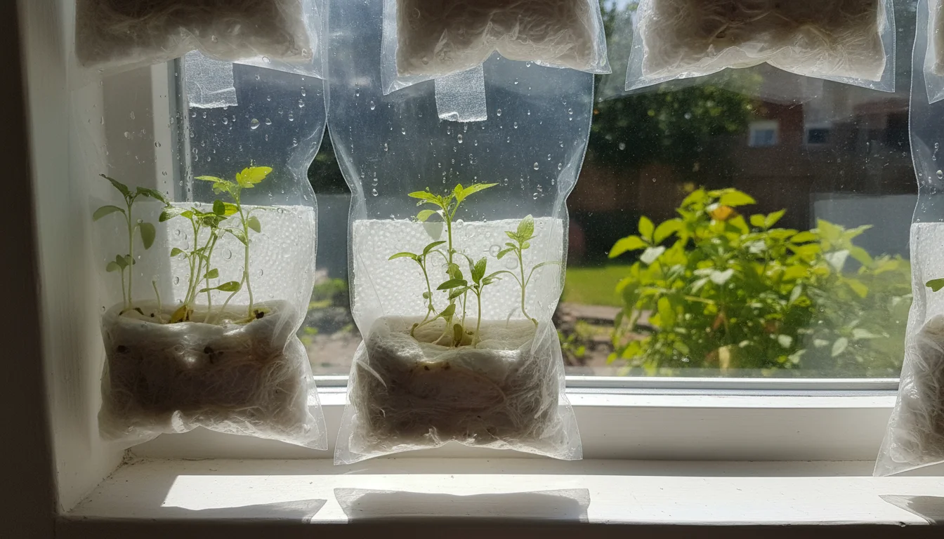 Vibrant green seedlings sprouting in clear ziplock bags taped to a sunlit kitchen windowsill, showcasing an easy indoor seed-starting method.
