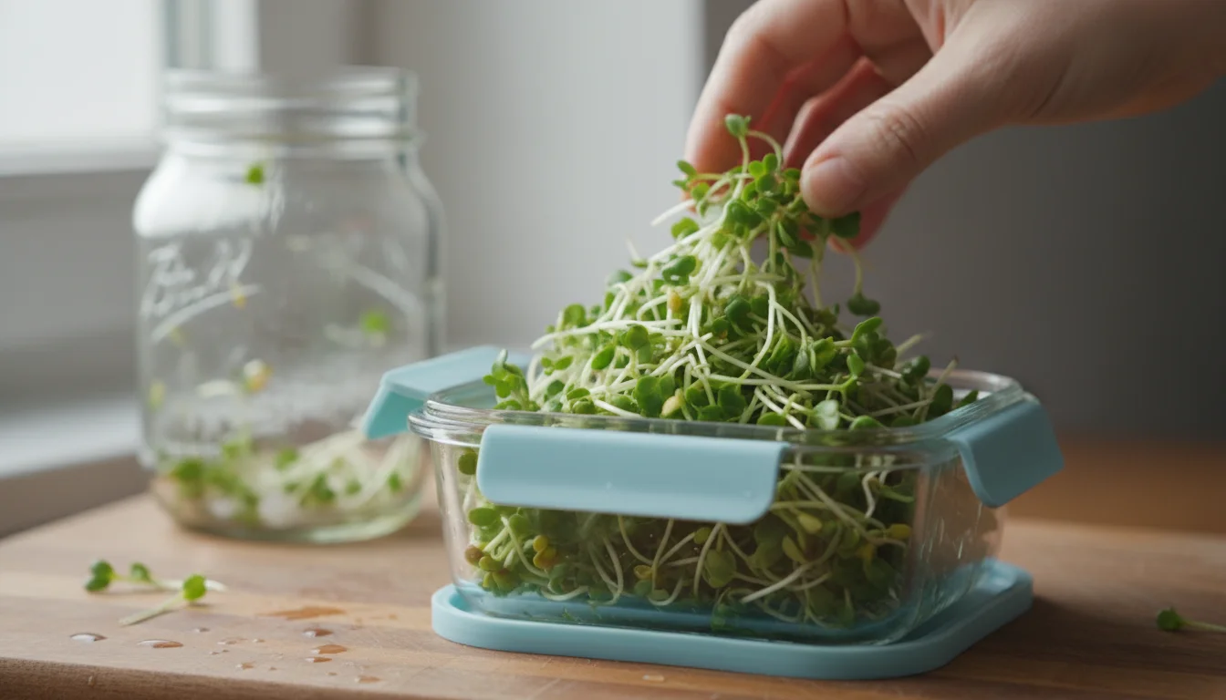 Vibrant green sprouts are transferred from a glass jar (blurred background) into a clear airtight container on a kitchen counter.