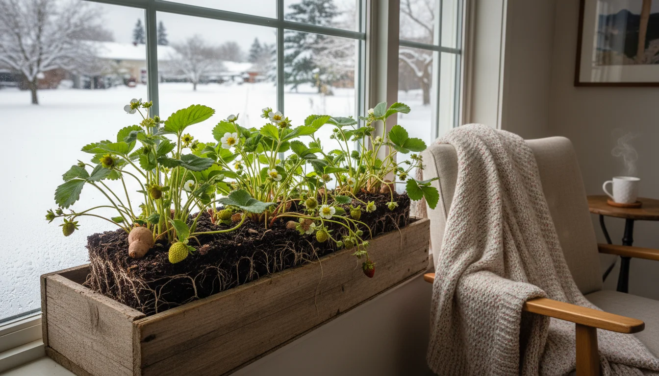 Vibrant green strawberry plants with small green berries growing in a rustic window box on an indoor windowsill, with snow visible outside.