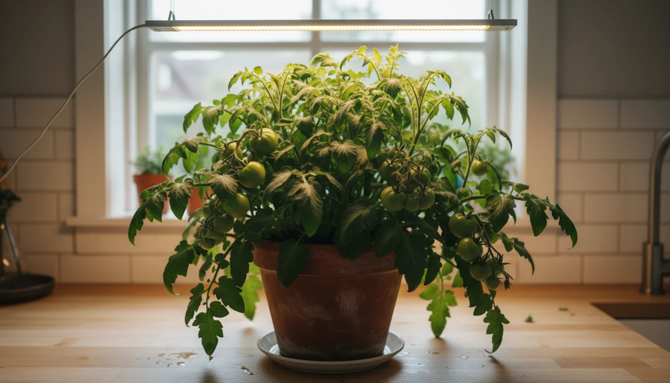 Vibrant green tomato plant with small fruit in a terracotta pot under a subtle LED grow light, a hand gently touching its leaves.