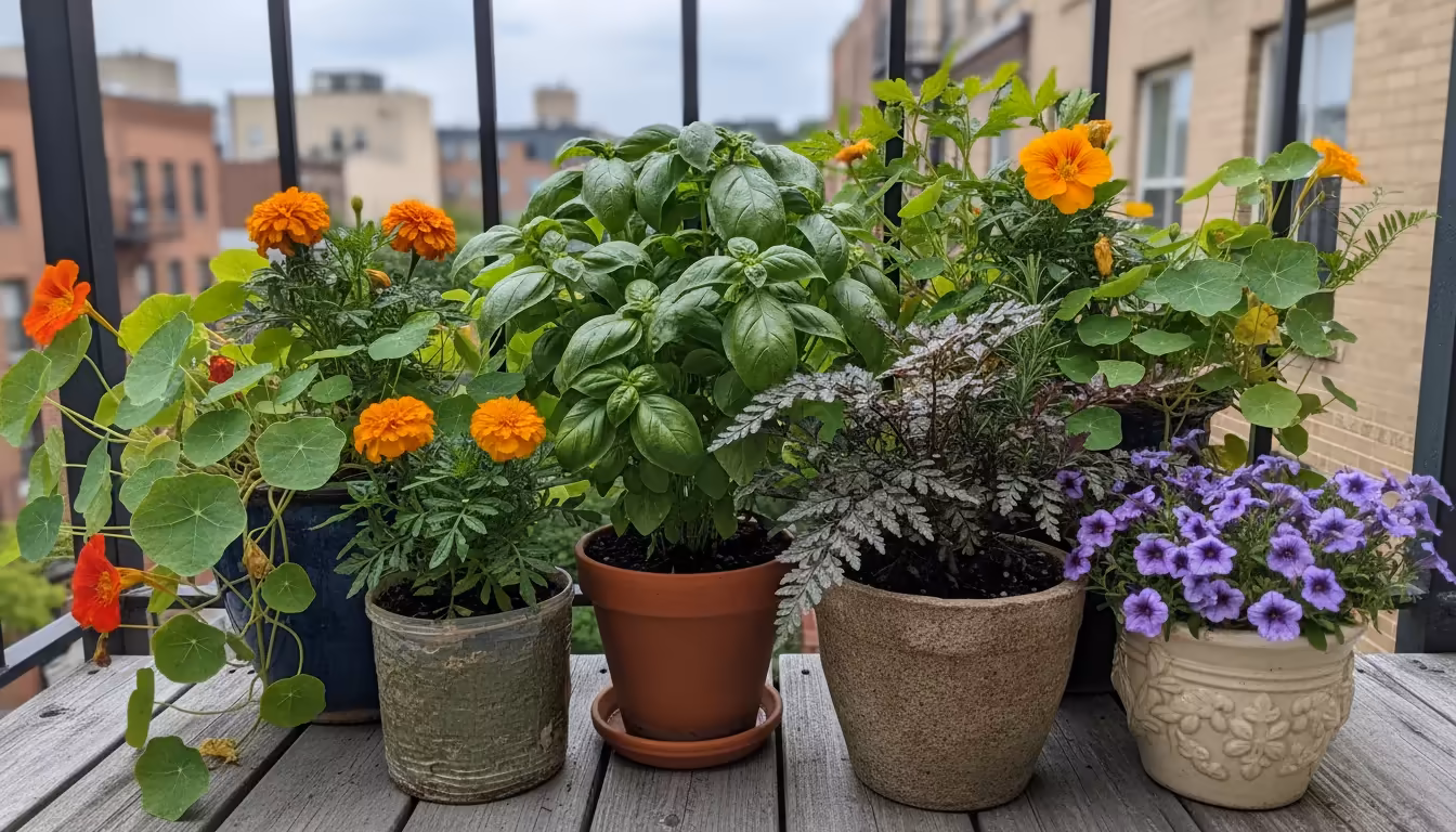 Vibrant group of assorted potted plants on a small urban balcony, tightly clustered to create a cooling microclimate under dappled late afternoon sun.