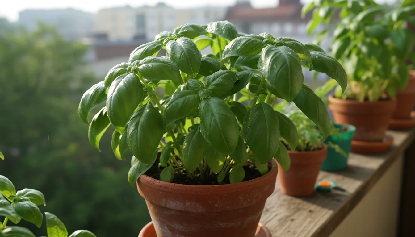 A vibrant, healthy basil plant in a terracotta pot on a wooden balcony railing, glowing in morning sunlight.