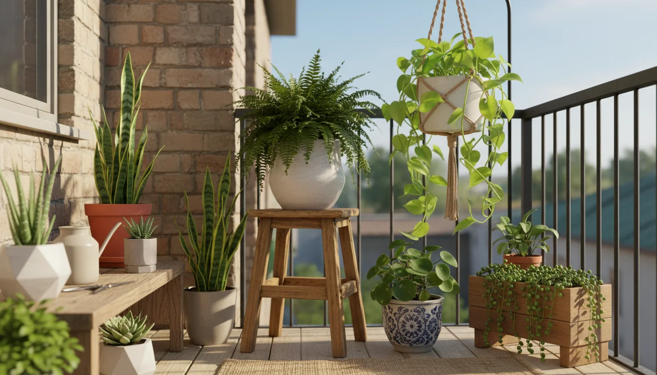 A vibrant, healthy collection of container plants, including a fern and pothos, thriving in a sunlit small-space balcony corner, with a subtle bag of 