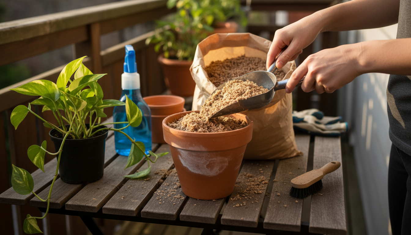 Vibrant Monstera Deliciosa with new unfurling leaves in a modern grey pot on a balcony, next to a small plant food bottle showing NPK.