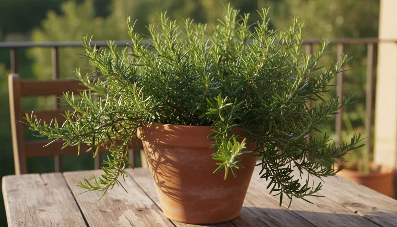 A vibrant, healthy rosemary plant in a terracotta pot sits on a weathered wooden balcony table, softly lit by afternoon sun.