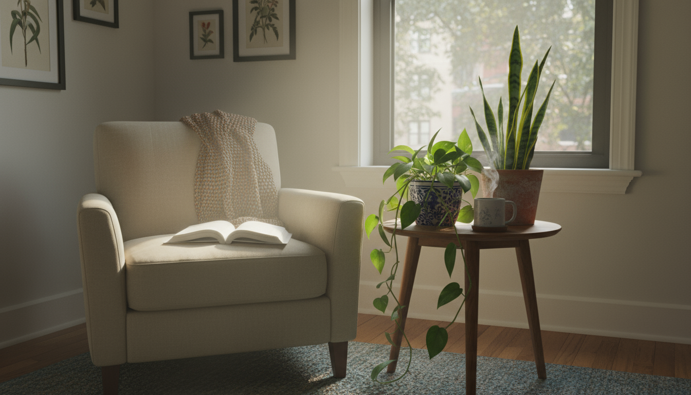 A healthy Spider Plant in a white hanging pot, showing arching variegated leaves and several dangling spiderettes in soft, indirect light.