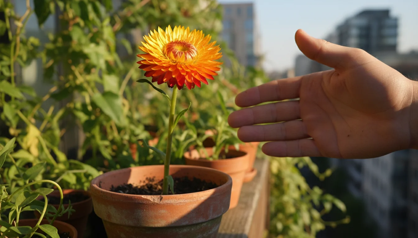 Vibrant, healthy strawflower in terracotta pot on sunny balcony. A hand gently reaches to inspect its sturdy stem for drying.