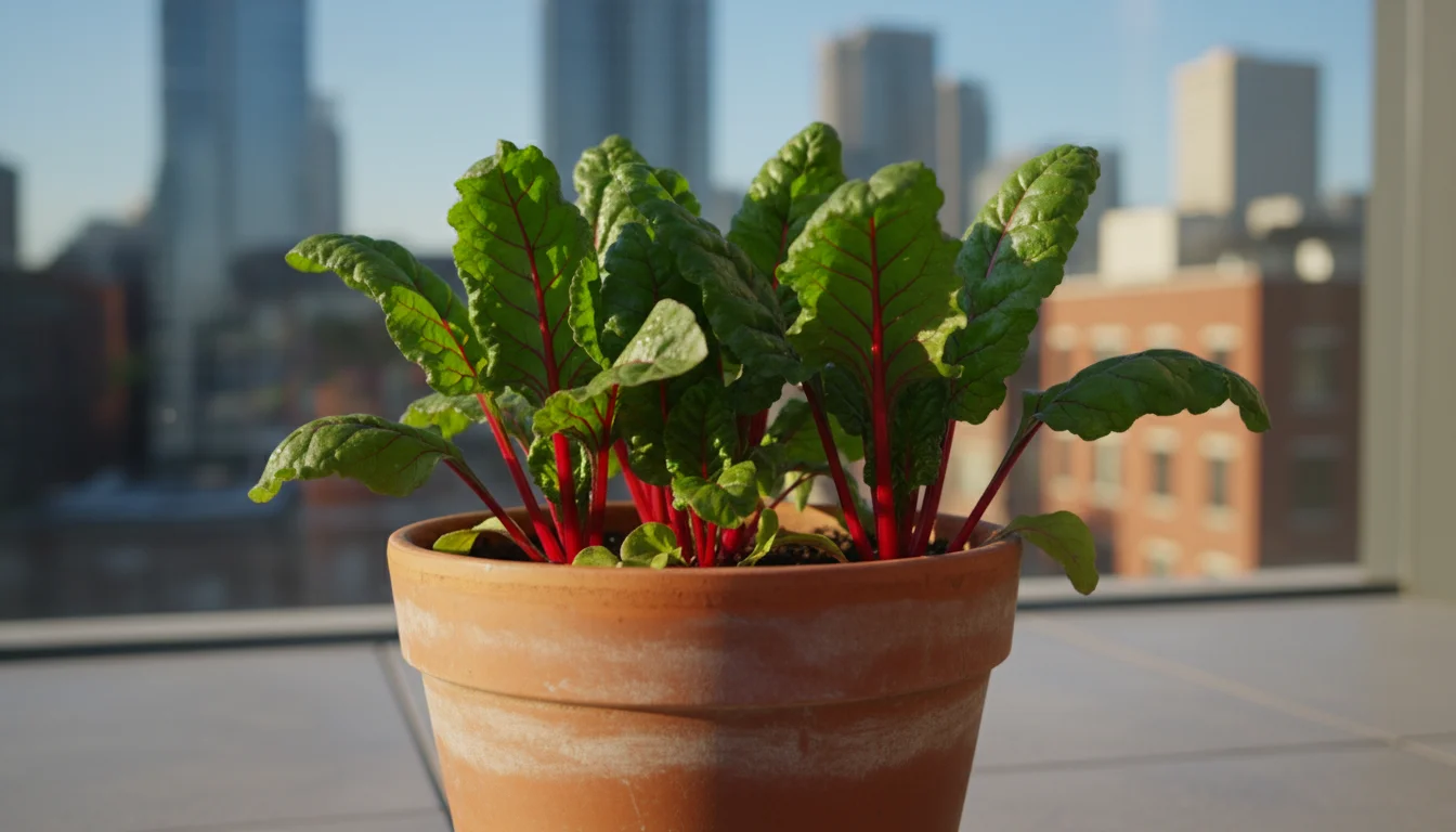 Vibrant, healthy Swiss chard plants with red stems, well-spaced in a terracotta pot on a sunny urban balcony.
