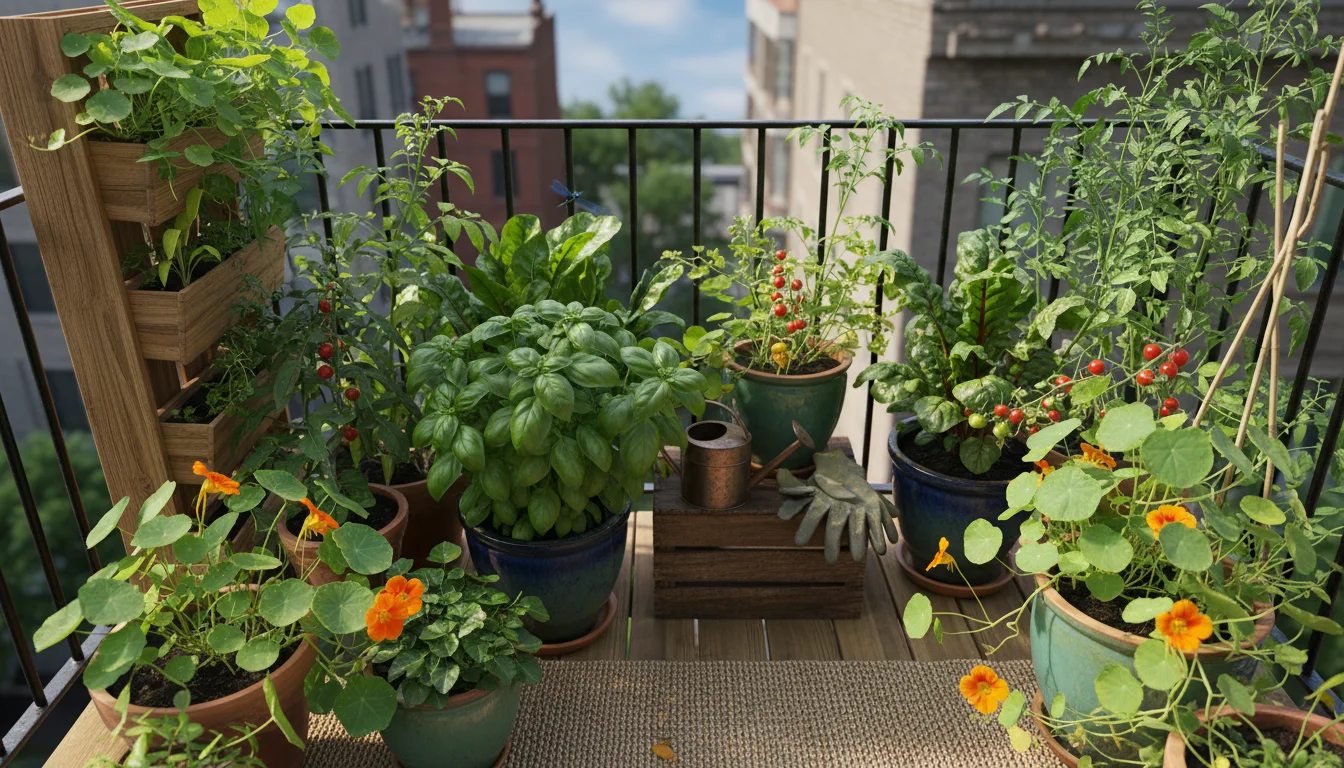 Overhead view of a vibrant, healthy urban container garden on a small balcony, with diverse herbs, vegetables, and flowers thriving in various pots an