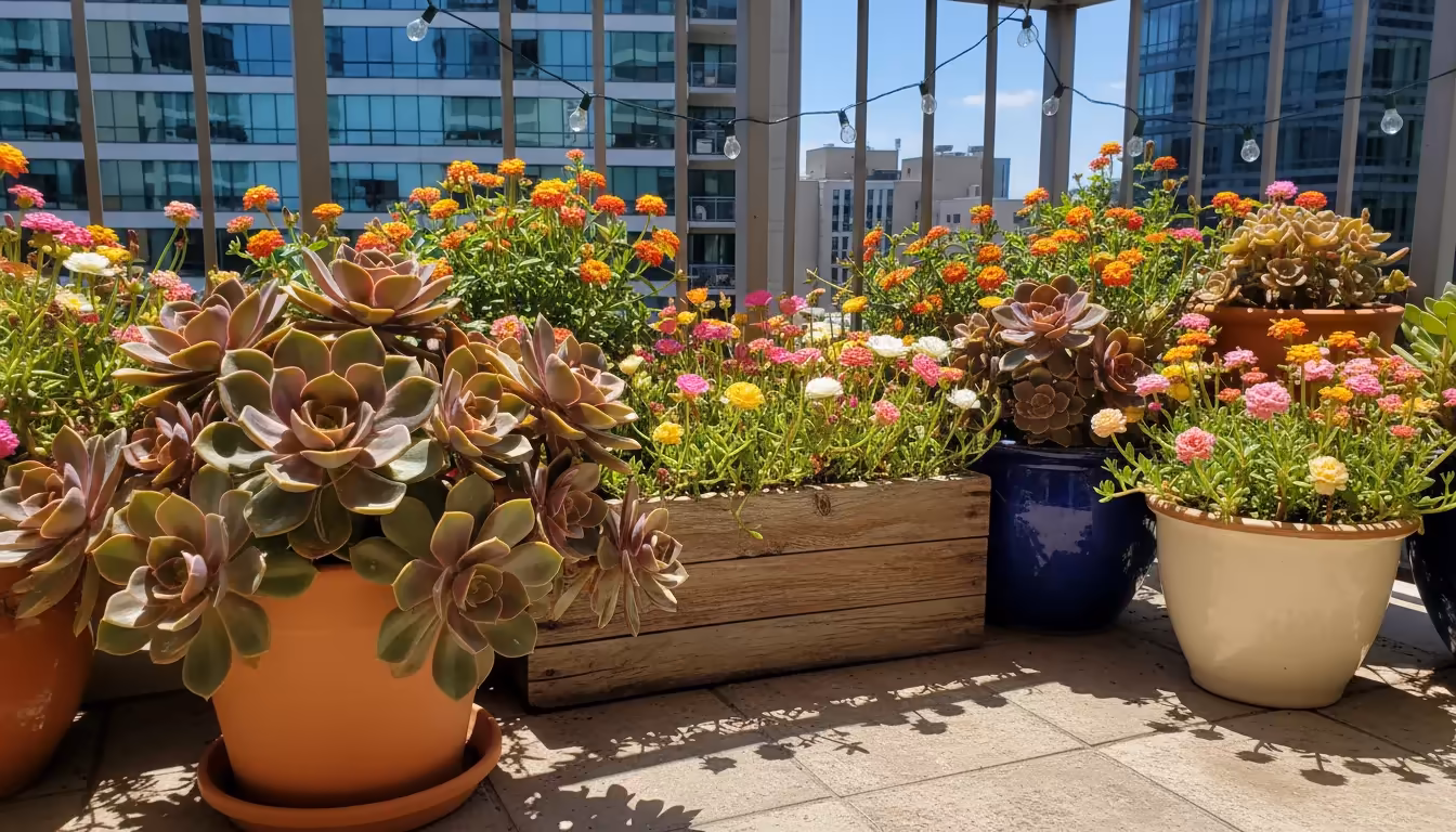 Vibrant heat/drought-tolerant plants like succulents, Portulaca, and Lantana thriving in sun-drenched containers on a modern balcony.